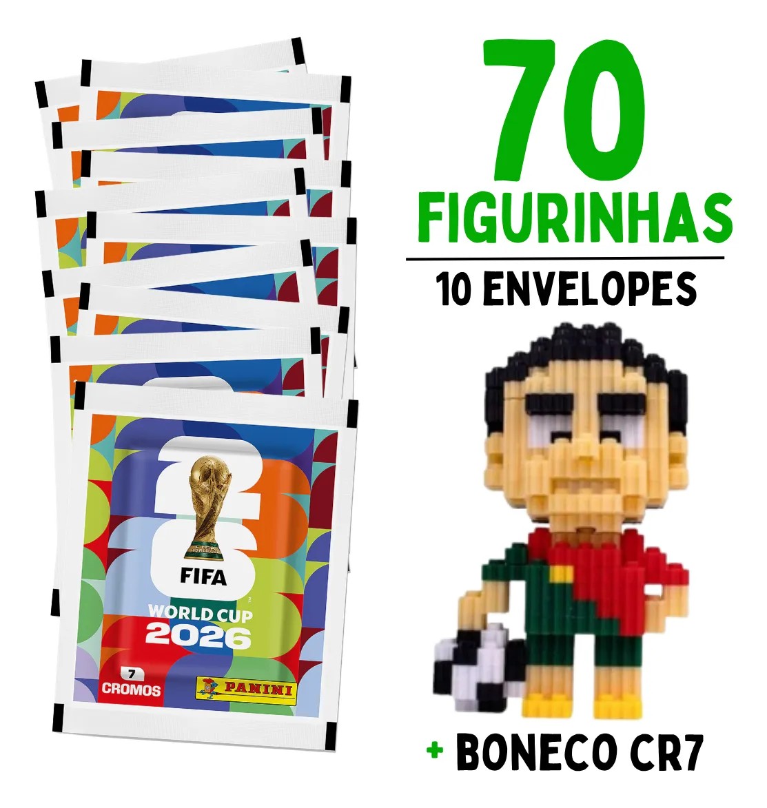 Kit Brinquedo Blocos de montar Cristiano Ronaldo CR7 + 70 Figurinha Copa Do Mundo Fifa 2026