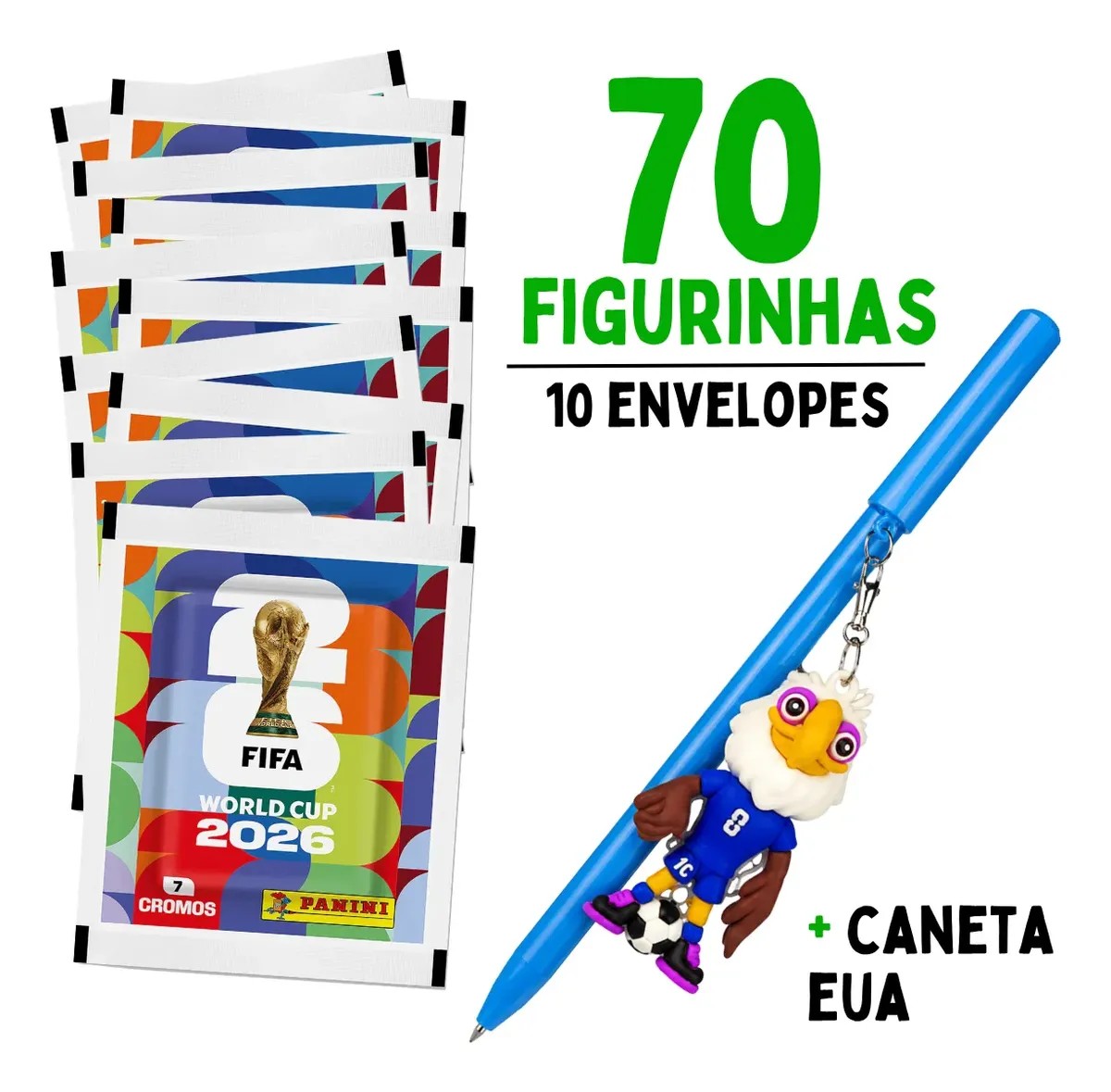 Kit caneta mascote Estados Unidos + 70 Figurinha Copa Do Mundo Fifa 2026