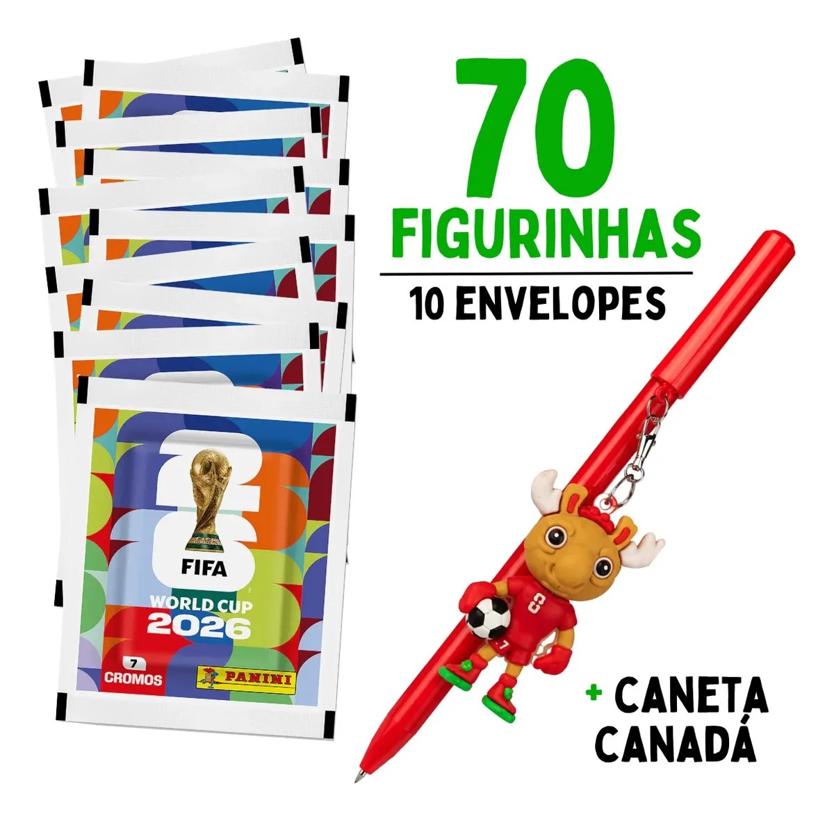 Kit caneta mascote Canadá + 70 Figurinha Copa Do Mundo Fifa 2026