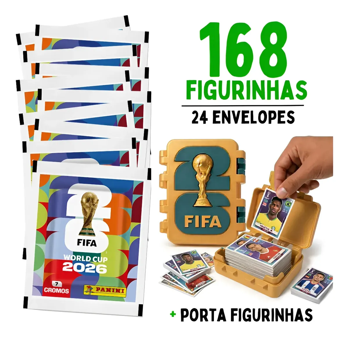 24 Envelopes de Figurinha Copa Do Mundo Fifa 2026 Panini Com Porta Figurinhas 3D Dourada