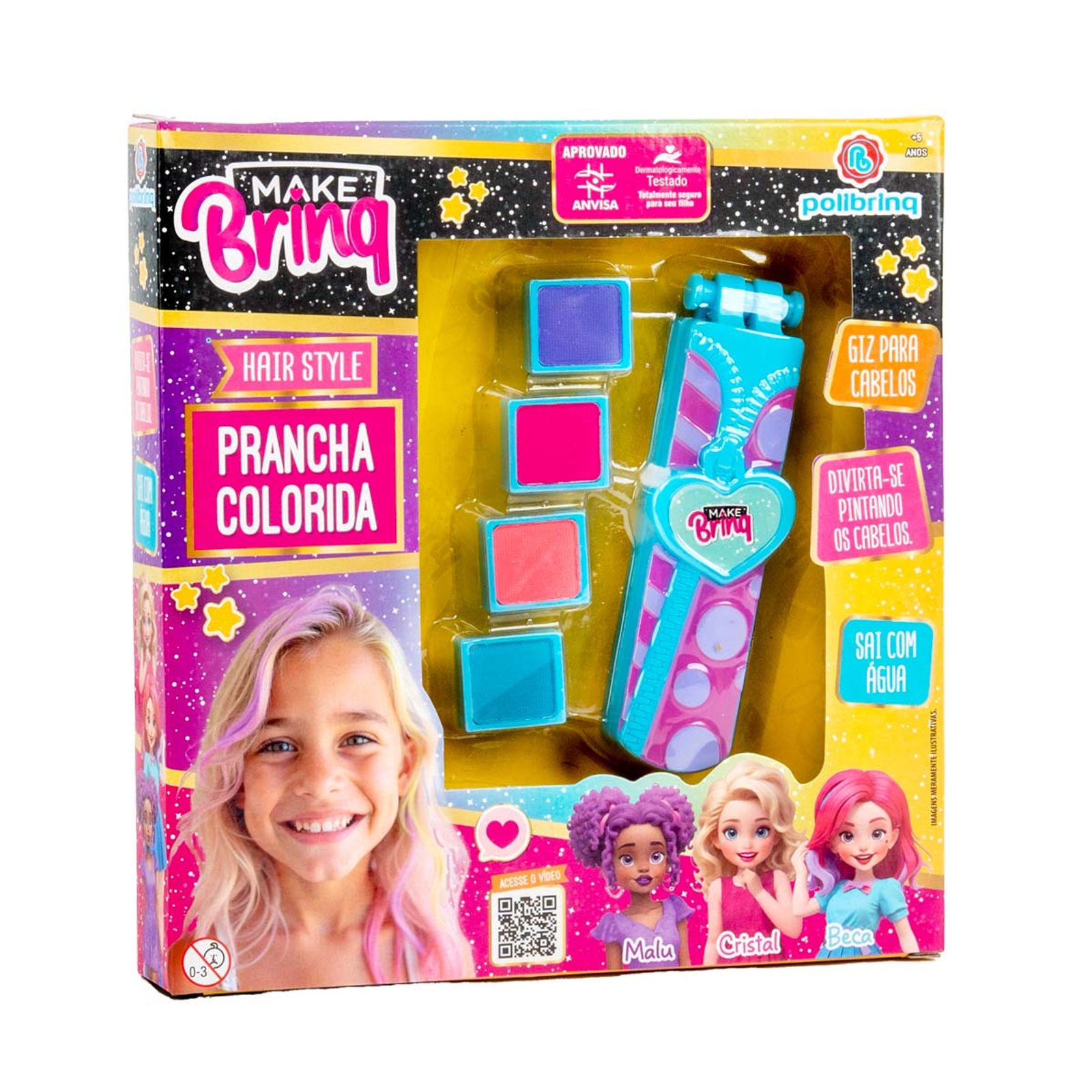 Prancha Colorida Cabelo Infantil Giz Lavável Polibrinq