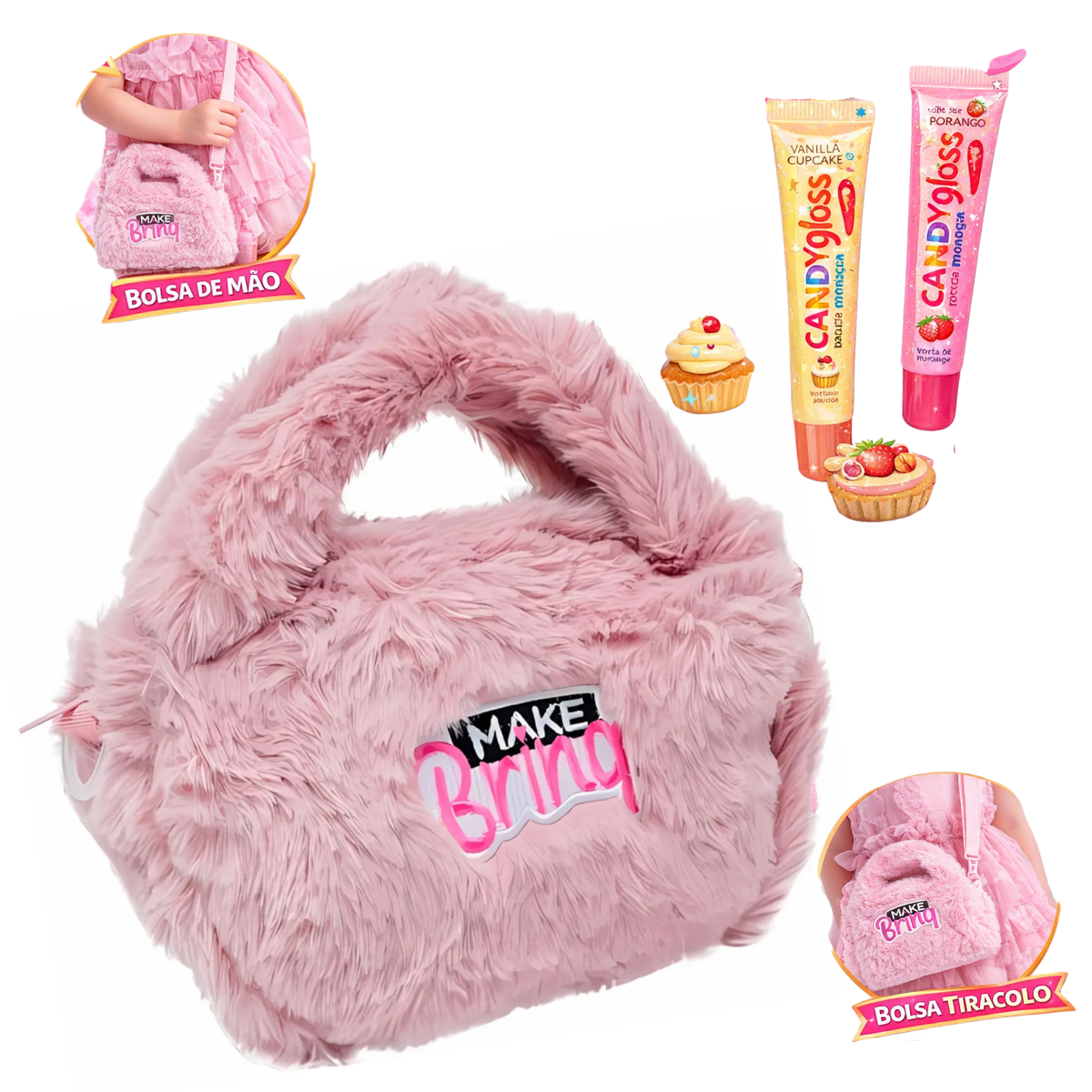 Kit Bolsa Infantil Pelúcia Makebrinq Polibrinq com 2 Gloss Labial Vegano Menina 3+