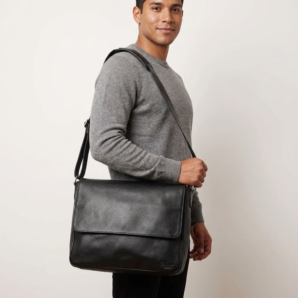 Bolsa Carteiro Masculina de Couro Renné Cor:Preto